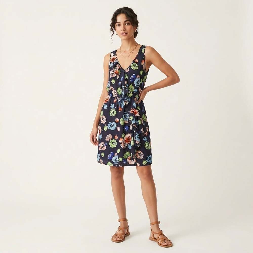 Rebecca Taylor 100% Silk Floral Ruffle Dress Size 4 Navy Holiday Party
